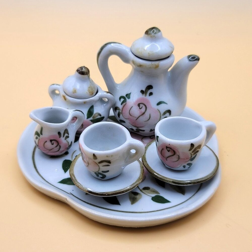 Miniature Porcelain Tea Set With Pink Floral Design & Gold Accents jj3655